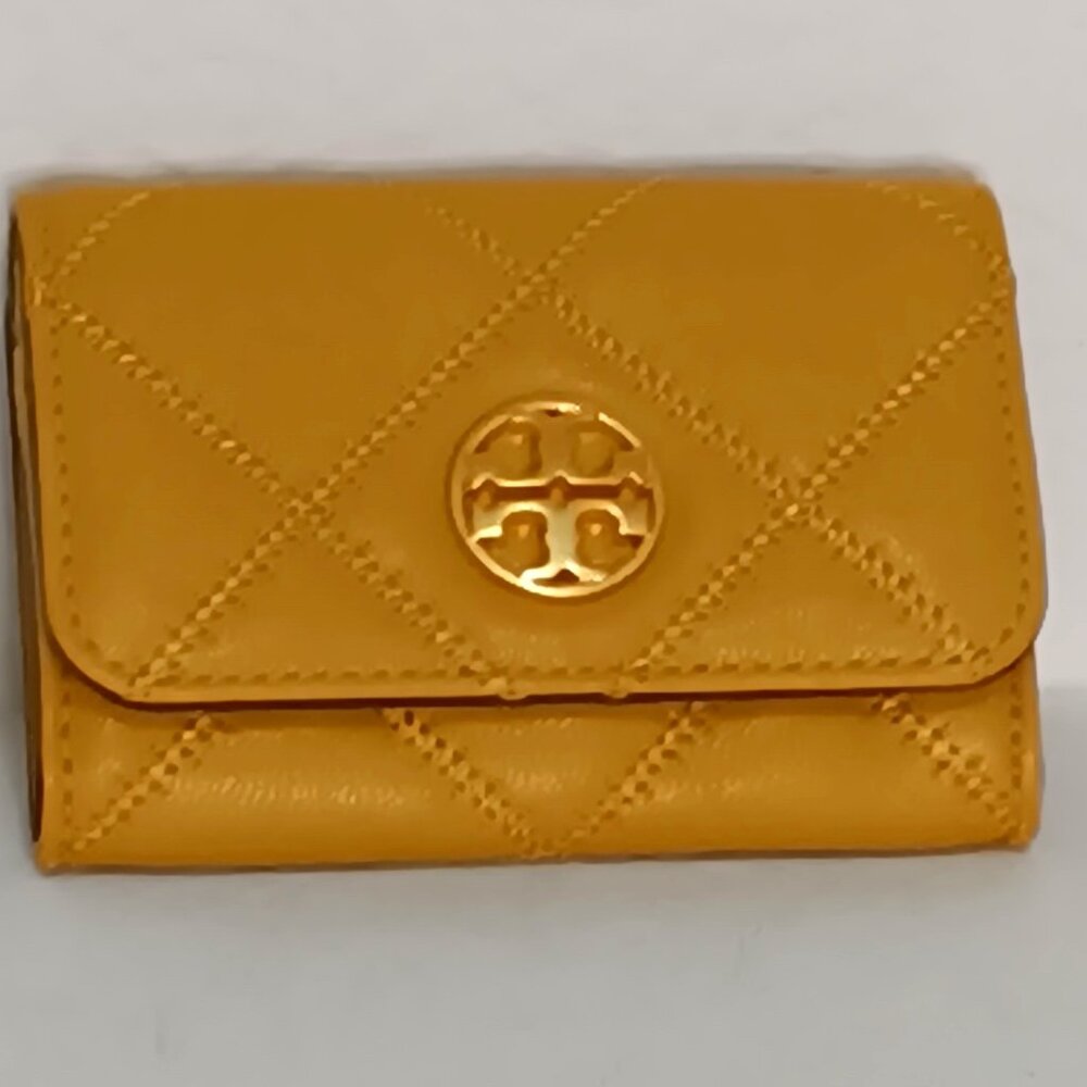 Tory Burch Quilted Card Holder in Mustard Yellow with Gold Logo